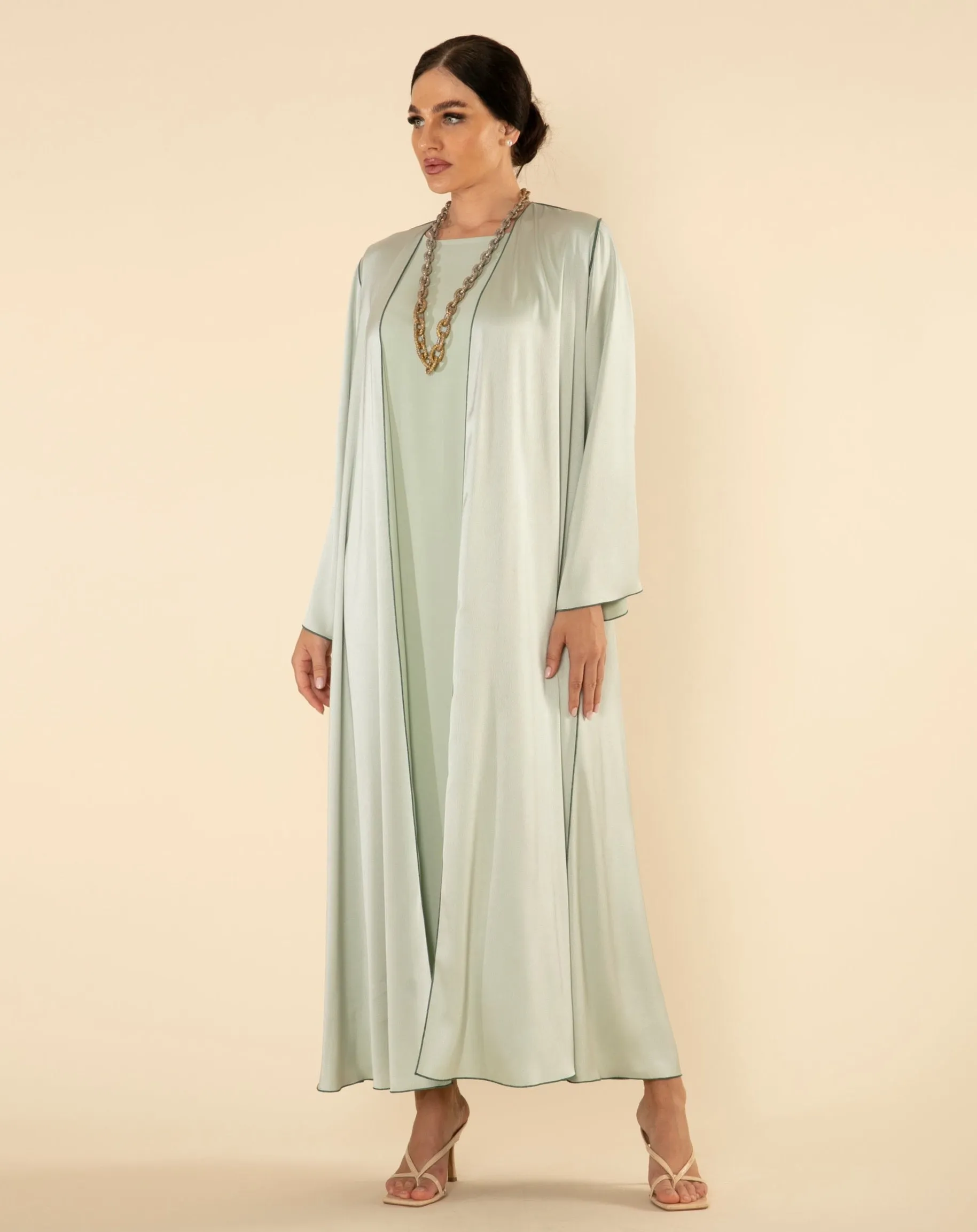 ROYAL SILK ABAYA SET IN PISTACHIO GREEN