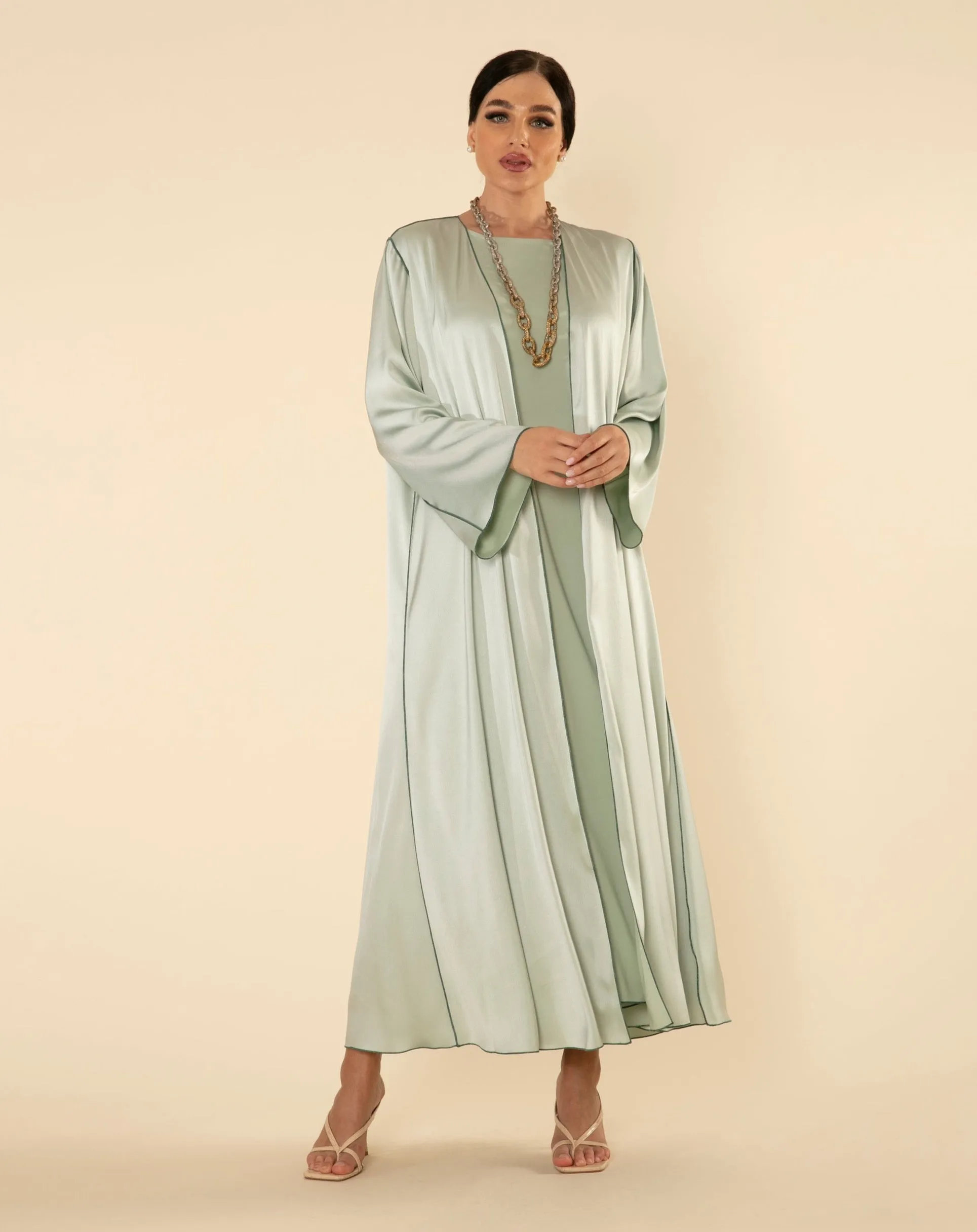 ROYAL SILK ABAYA SET IN PISTACHIO GREEN