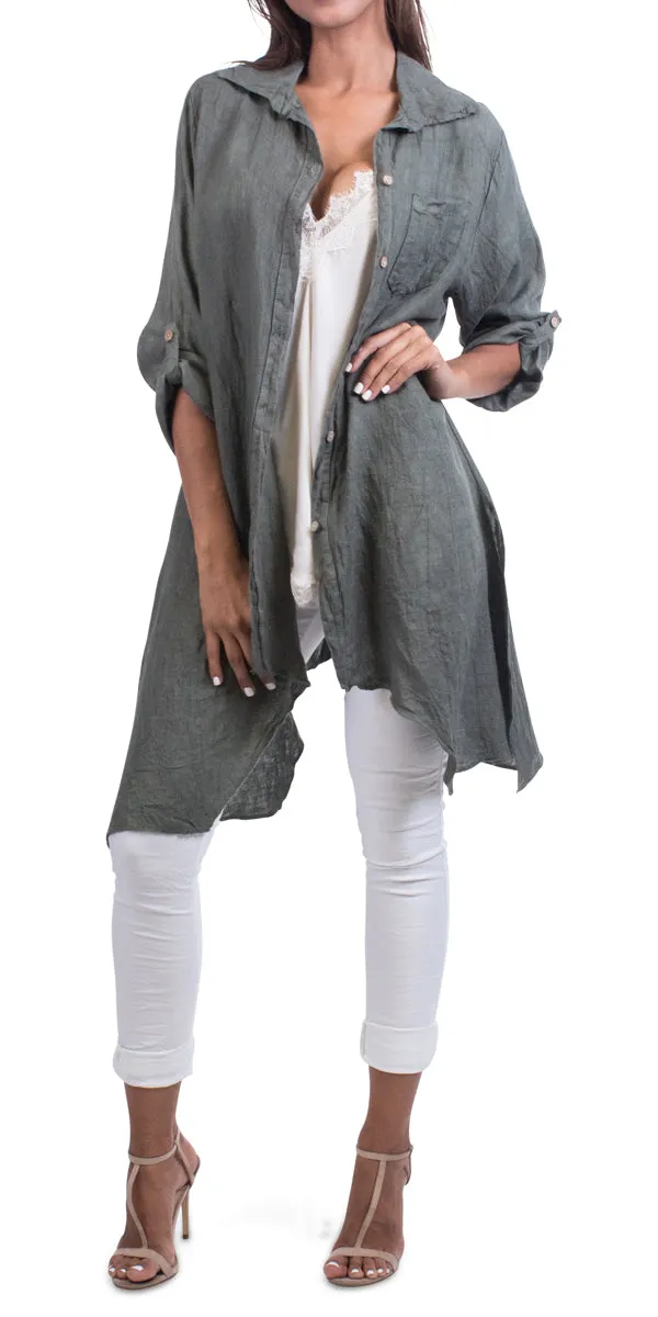 Sharkbite Linen Button Down Tunic With Cuffed Sleeves