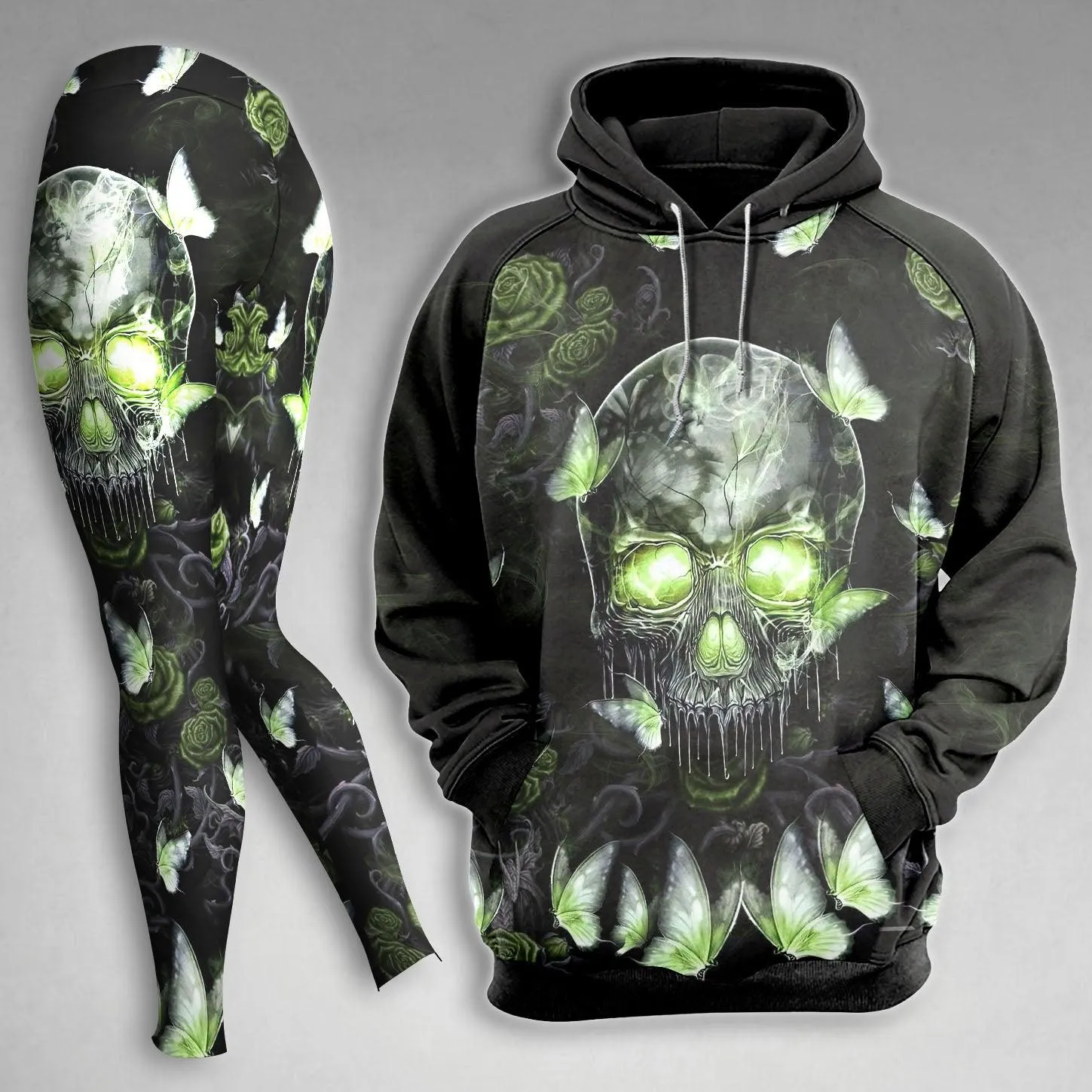Skull Gothic Butterfly Green Combo Hoodie and Leggings