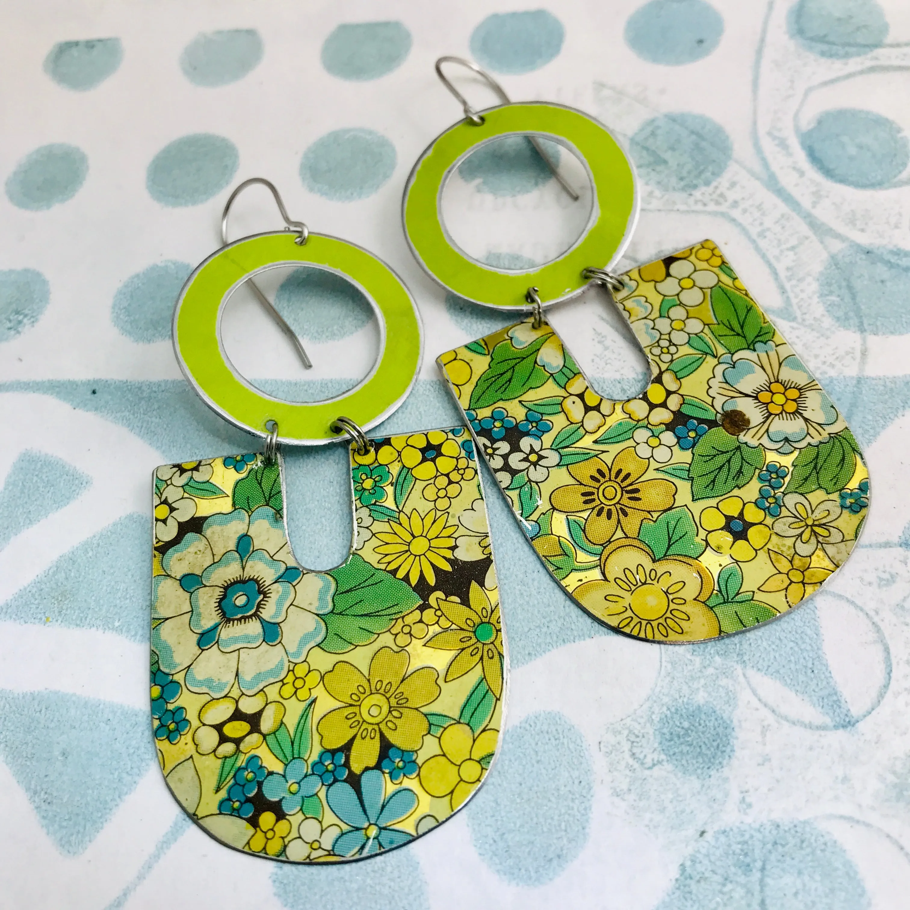 Spring Green Overall Flowers Chunky Horseshoe Tin Earrings