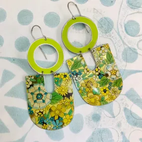 Spring Green Overall Flowers Chunky Horseshoe Tin Earrings