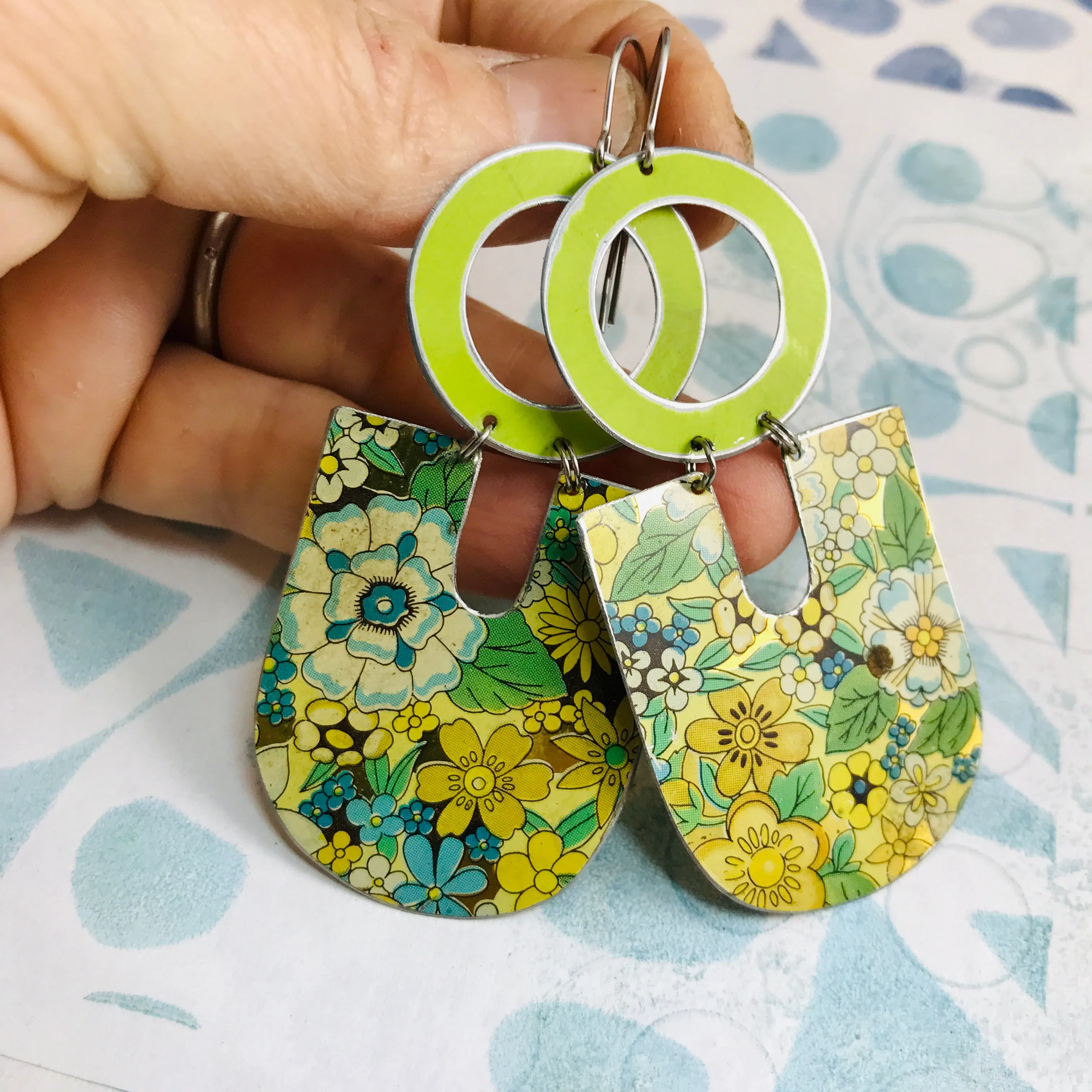Spring Green Overall Flowers Chunky Horseshoe Tin Earrings