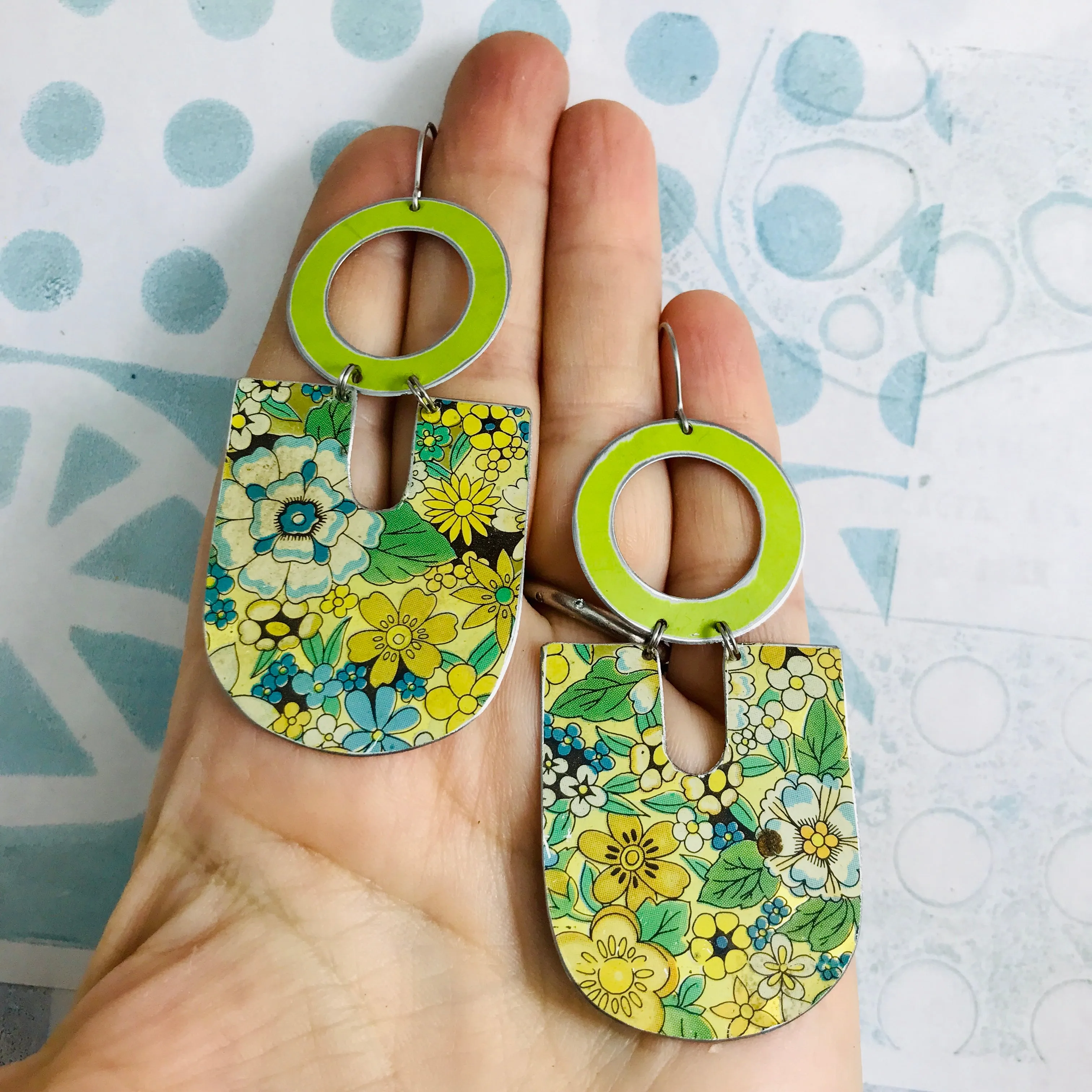 Spring Green Overall Flowers Chunky Horseshoe Tin Earrings