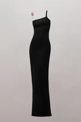 Surrealist Pink Rose Strap Maxi Dress in Black