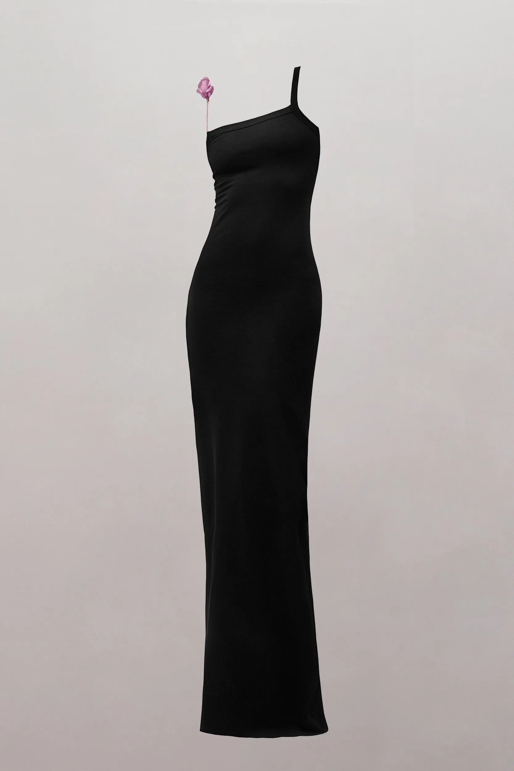 Surrealist Pink Rose Strap Maxi Dress in Black