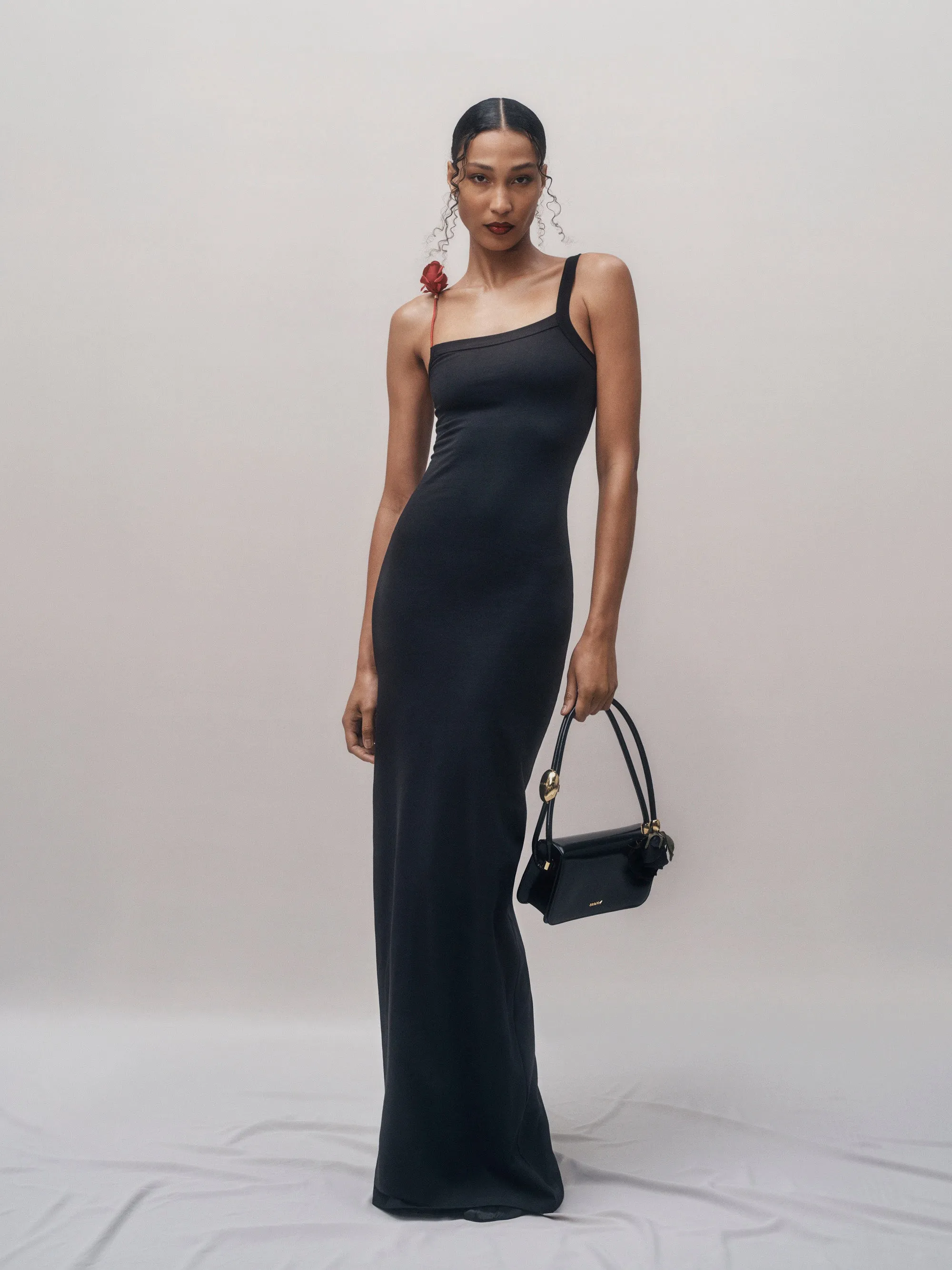 Surrealist Pink Rose Strap Maxi Dress in Black