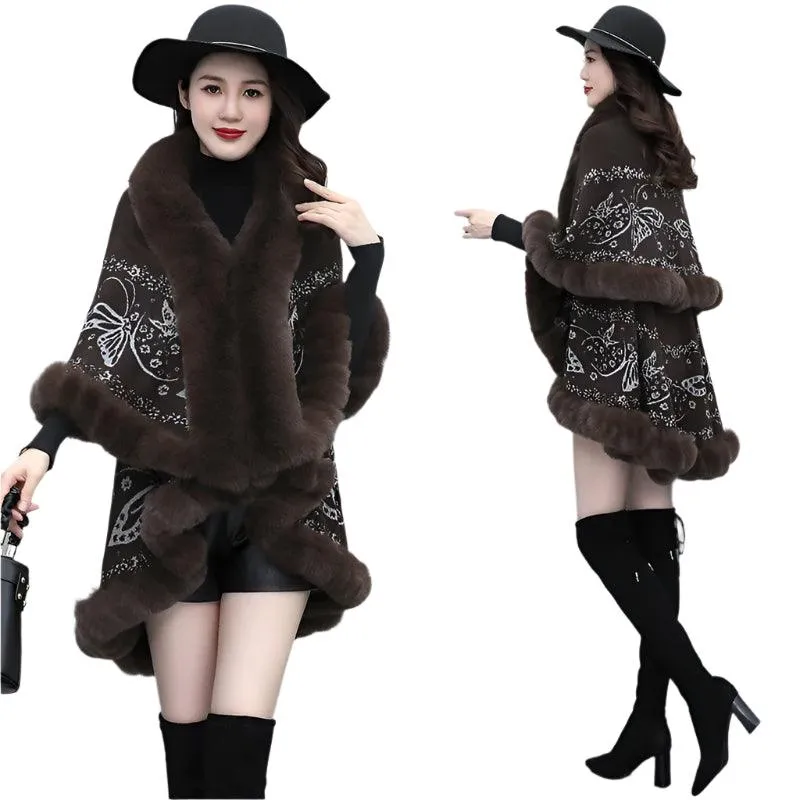 Two-Layered Winter Faux Fox Fur Collar Knitted Jacquard Weave Poncho Cardigan