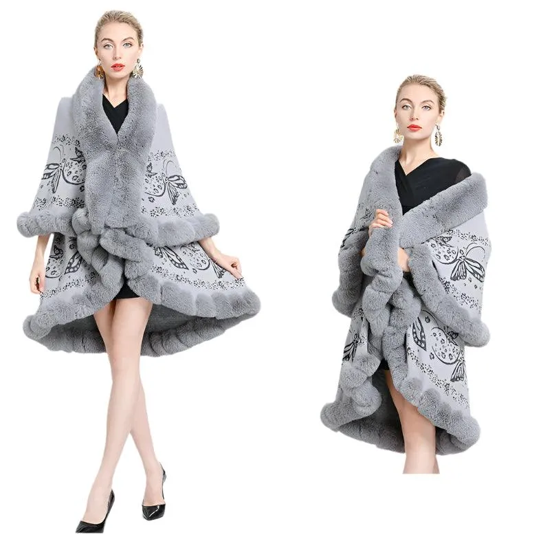 Two-Layered Winter Faux Fox Fur Collar Knitted Jacquard Weave Poncho Cardigan