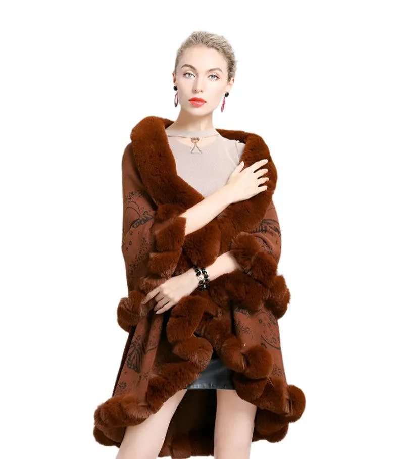 Two-Layered Winter Faux Fox Fur Collar Knitted Jacquard Weave Poncho Cardigan