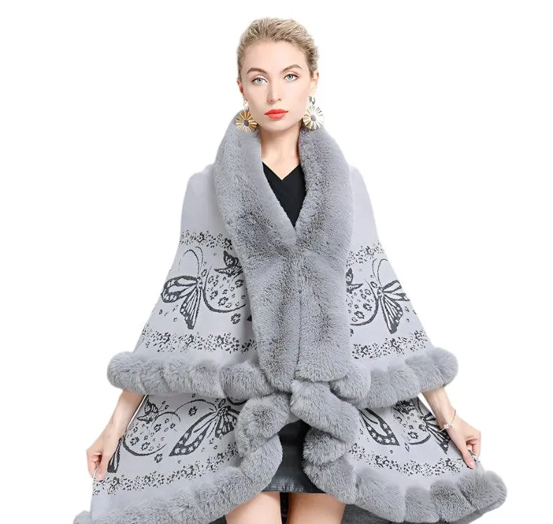 Two-Layered Winter Faux Fox Fur Collar Knitted Jacquard Weave Poncho Cardigan