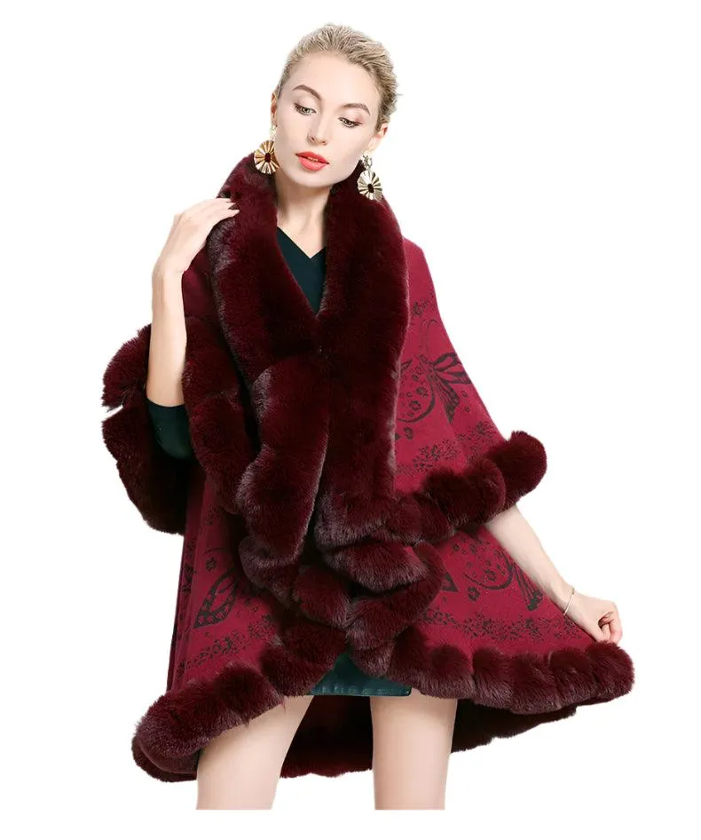 Two-Layered Winter Faux Fox Fur Collar Knitted Jacquard Weave Poncho Cardigan