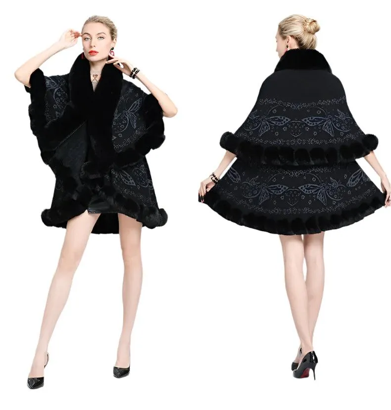 Two-Layered Winter Faux Fox Fur Collar Knitted Jacquard Weave Poncho Cardigan