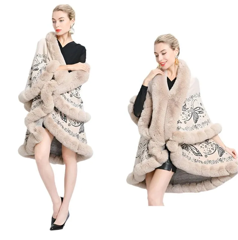 Two-Layered Winter Faux Fox Fur Collar Knitted Jacquard Weave Poncho Cardigan