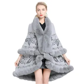 Two-Layered Winter Faux Fox Fur Collar Knitted Jacquard Weave Poncho Cardigan