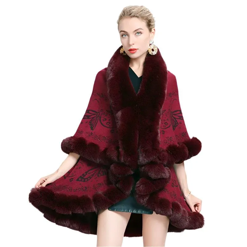 Two-Layered Winter Faux Fox Fur Collar Knitted Jacquard Weave Poncho Cardigan