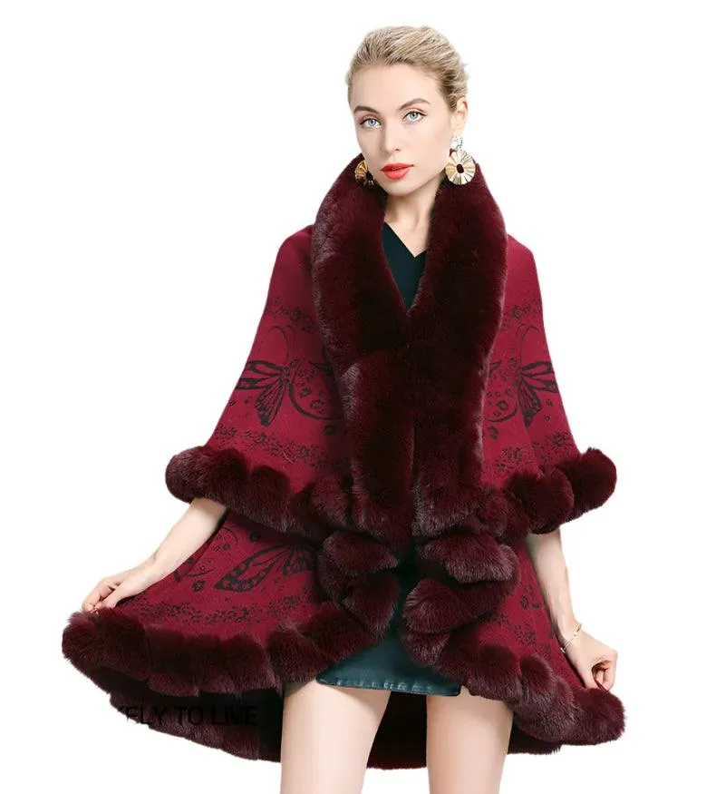 Two-Layered Winter Faux Fox Fur Collar Knitted Jacquard Weave Poncho Cardigan
