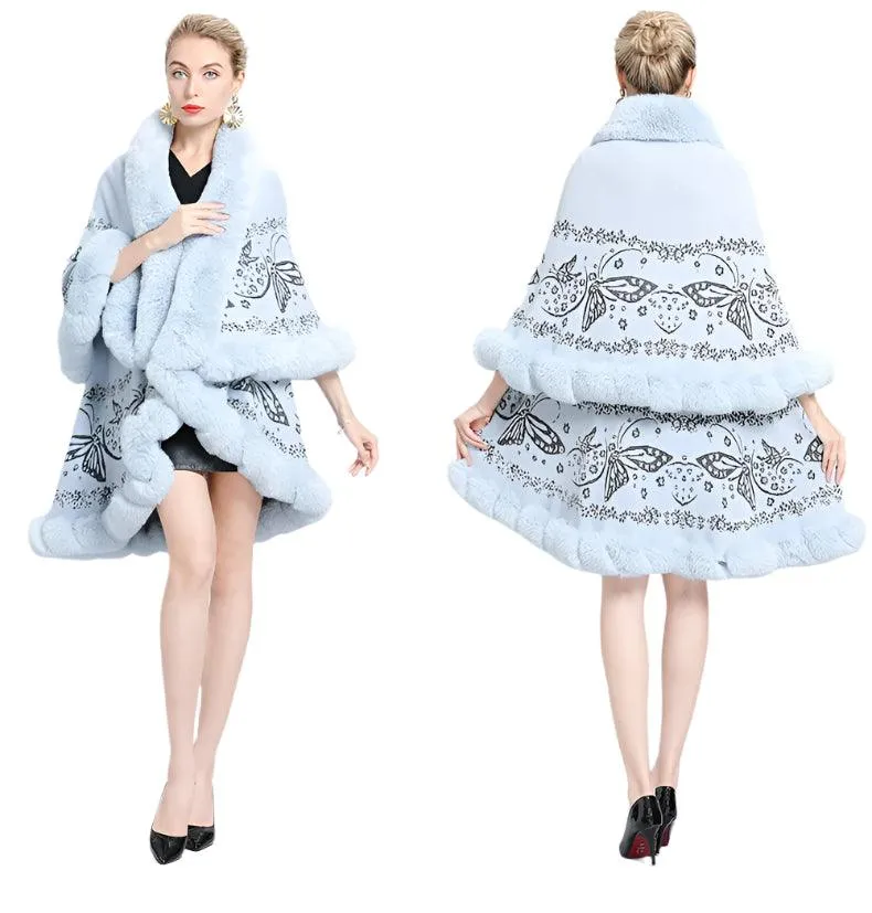 Two-Layered Winter Faux Fox Fur Collar Knitted Jacquard Weave Poncho Cardigan