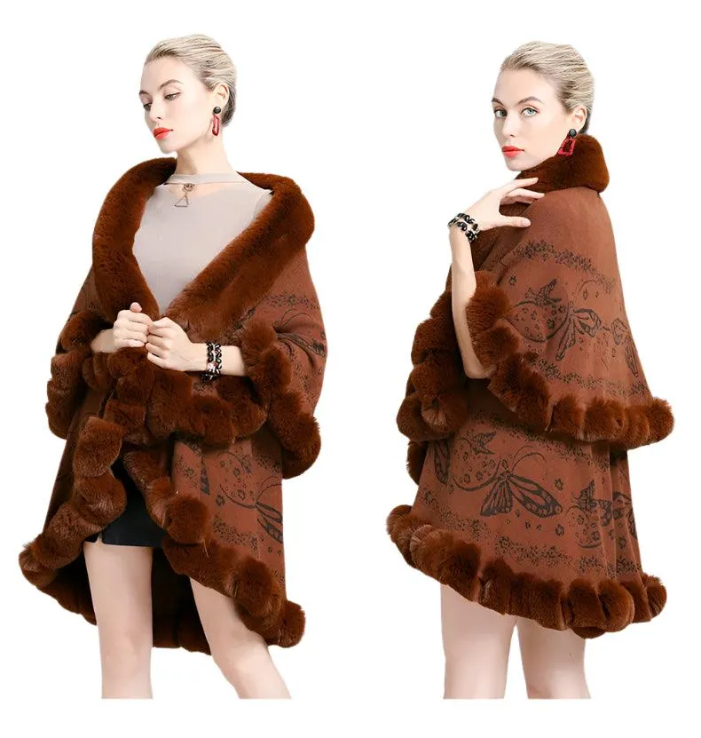 Two-Layered Winter Faux Fox Fur Collar Knitted Jacquard Weave Poncho Cardigan