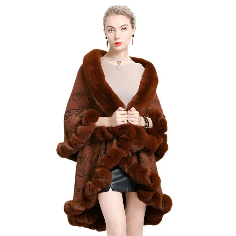 Two-Layered Winter Faux Fox Fur Collar Knitted Jacquard Weave Poncho Cardigan