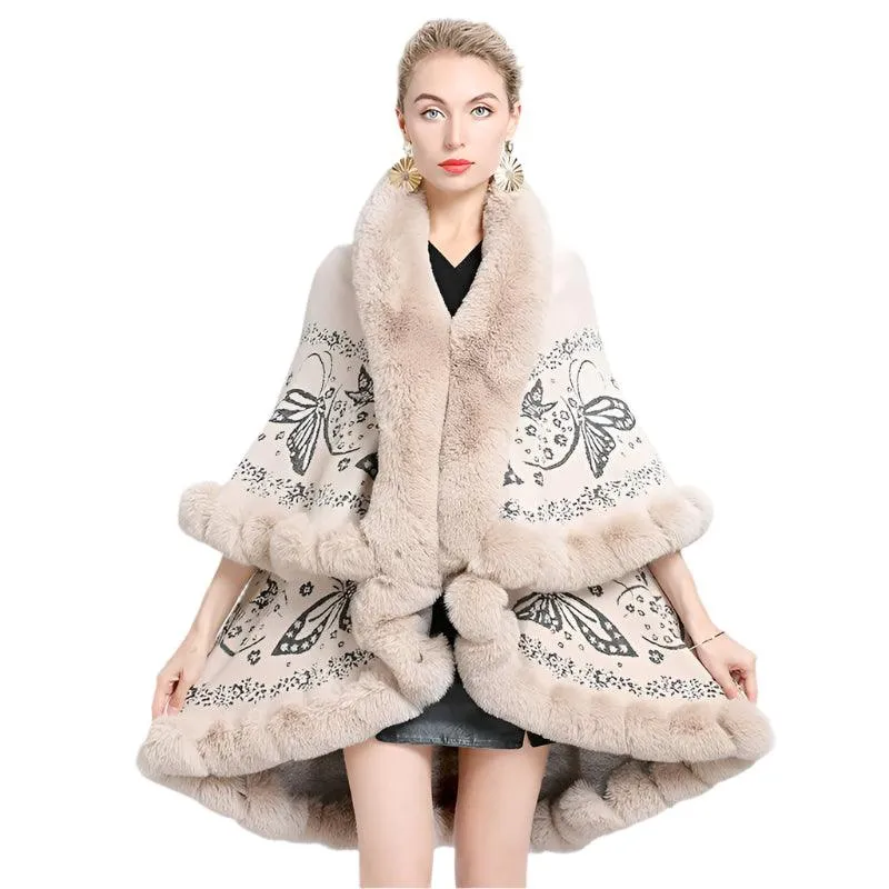 Two-Layered Winter Faux Fox Fur Collar Knitted Jacquard Weave Poncho Cardigan