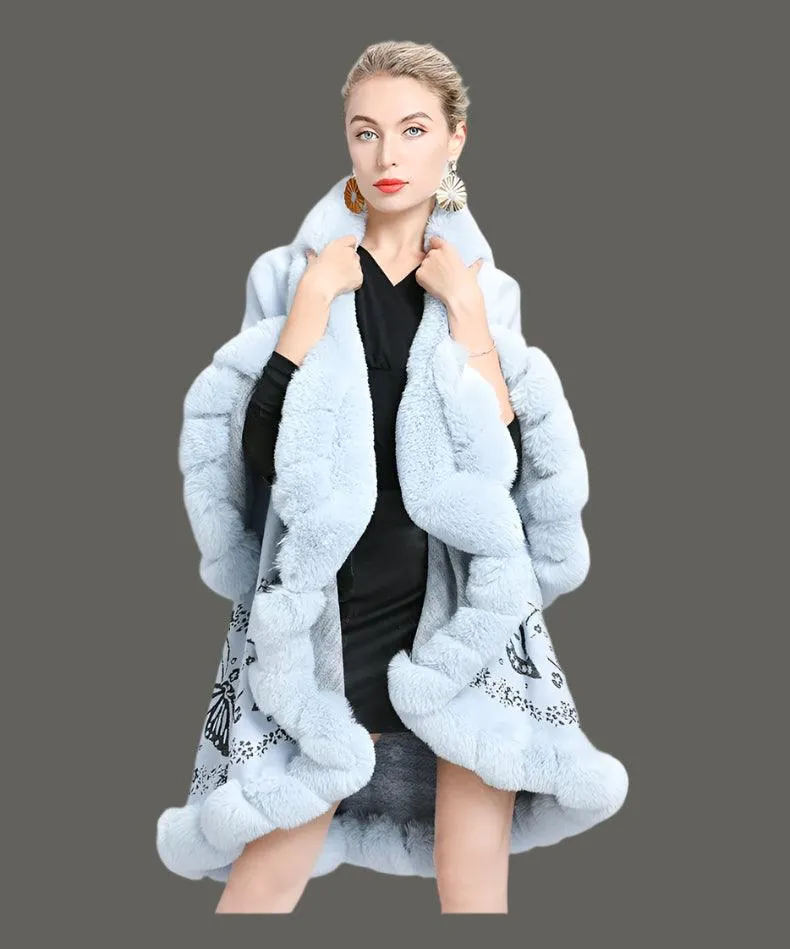 Two-Layered Winter Faux Fox Fur Collar Knitted Jacquard Weave Poncho Cardigan