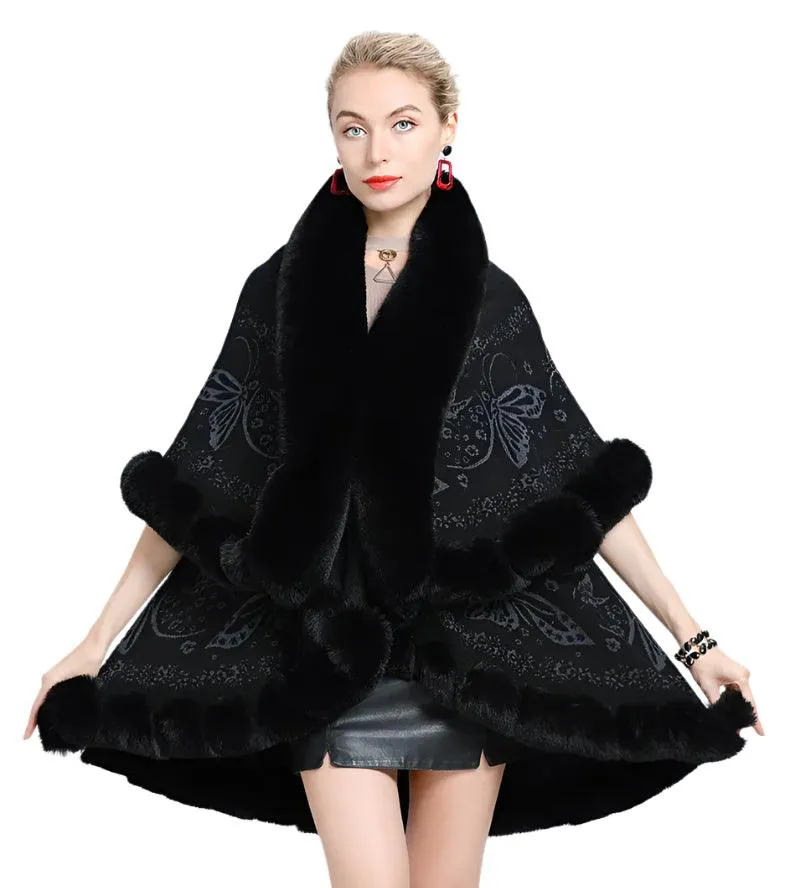 Two-Layered Winter Faux Fox Fur Collar Knitted Jacquard Weave Poncho Cardigan