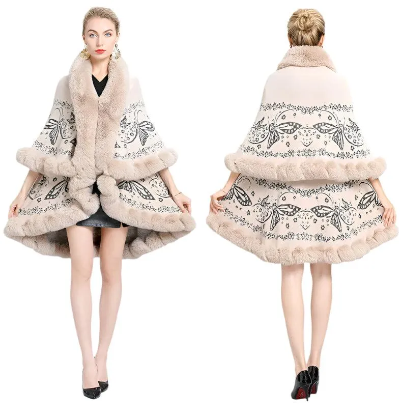 Two-Layered Winter Faux Fox Fur Collar Knitted Jacquard Weave Poncho Cardigan