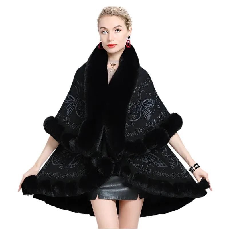 Two-Layered Winter Faux Fox Fur Collar Knitted Jacquard Weave Poncho Cardigan