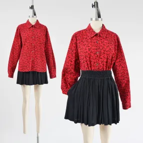 Vintage 90s Floral Corduroy Red and Black Cotton Collared Button Down Blouse size M L