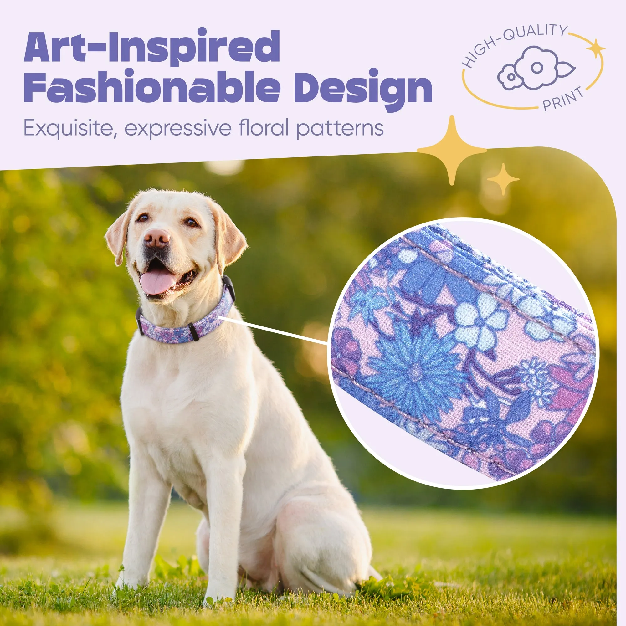Violet Floral Dog Collar- Quick Release Durable and Strong Dog Collar for Small, Medium and Large Dogs