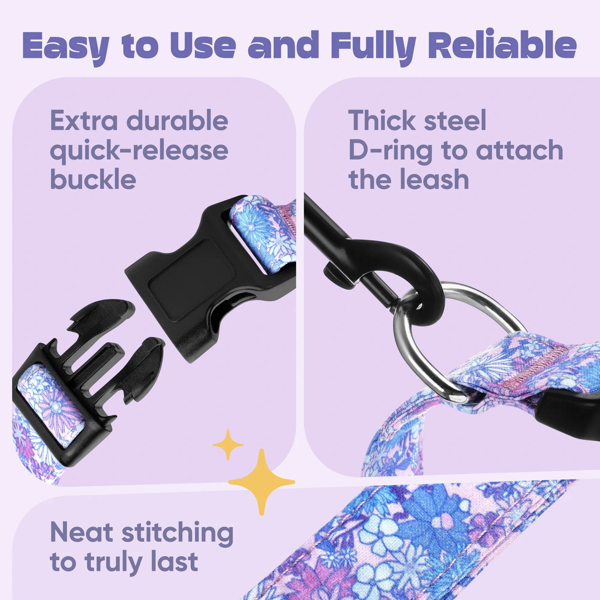 Violet Floral Dog Collar- Quick Release Durable and Strong Dog Collar for Small, Medium and Large Dogs