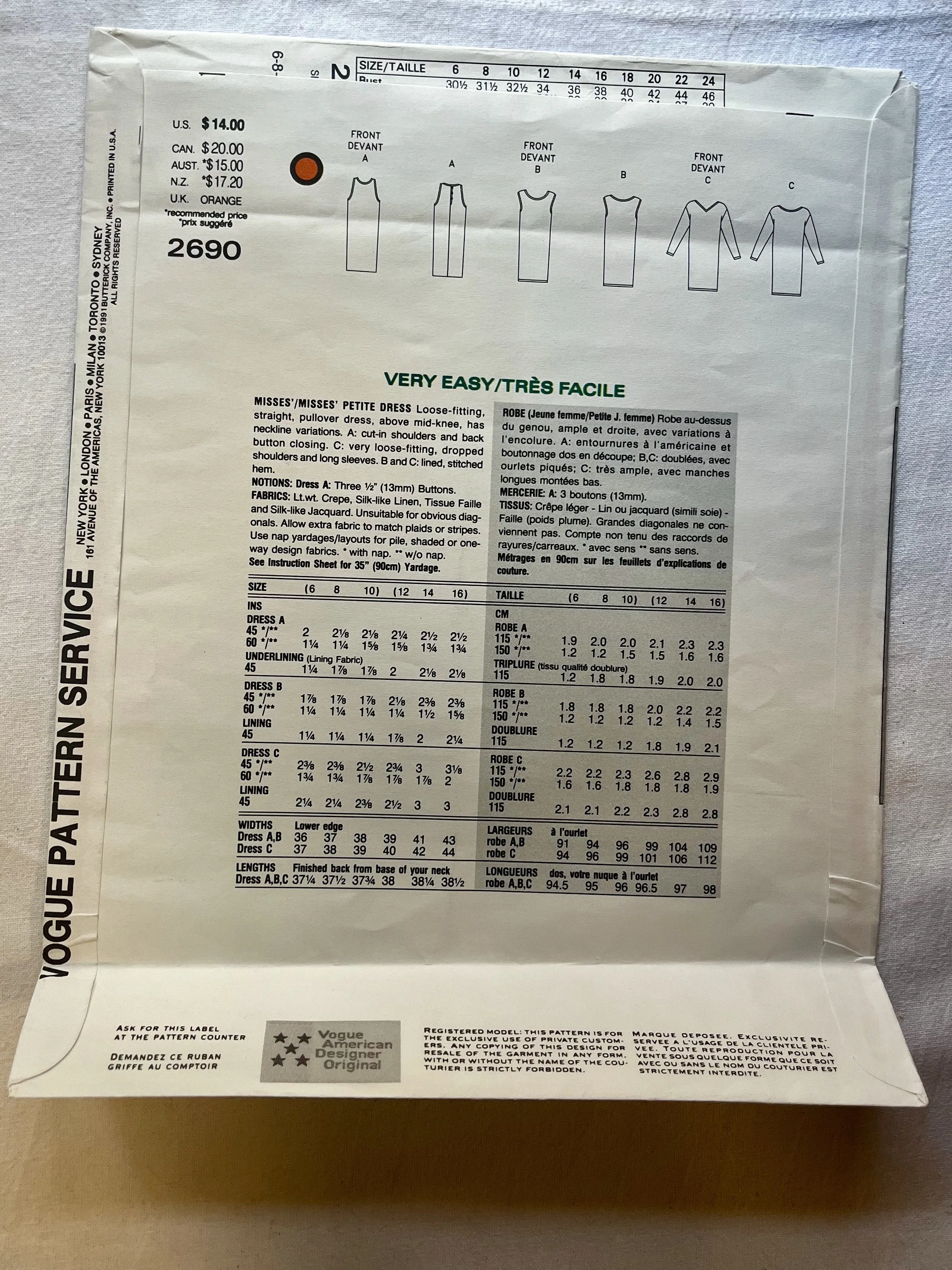 Vogue Calvin Klein 2690 UNCUT Misses Dress Sizes 6-10