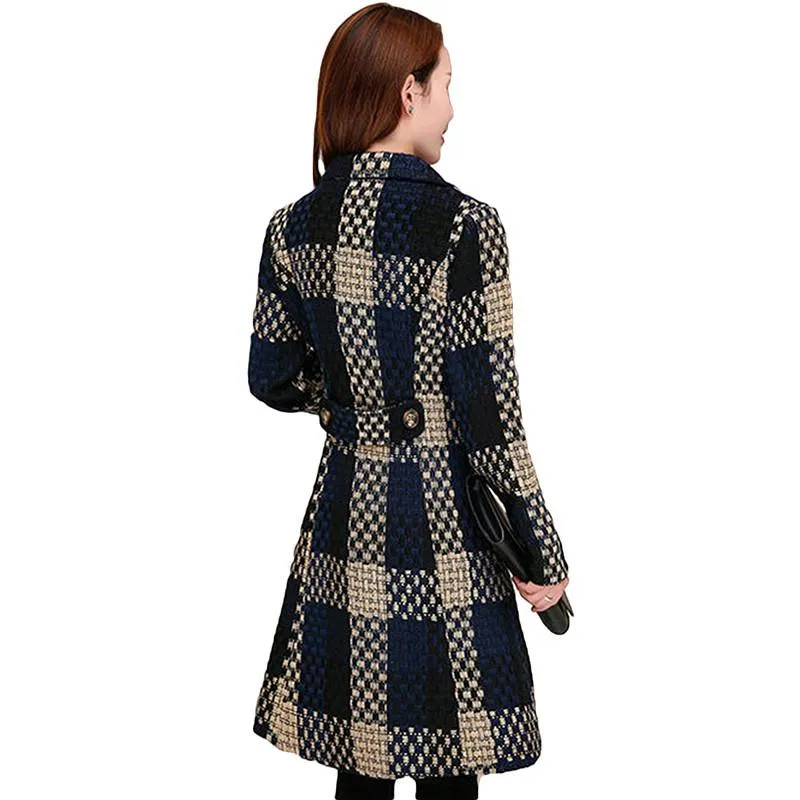 Women New Autumn Winter Tweed Wool Blends Warm Long Coat Female Slim Lapel  Overcoat Casual Outwear
