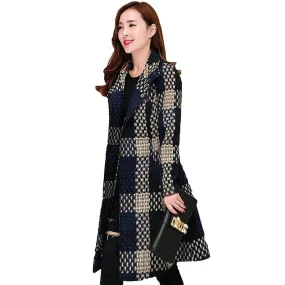 Women New Autumn Winter Tweed Wool Blends Warm Long Coat Female Slim Lapel  Overcoat Casual Outwear