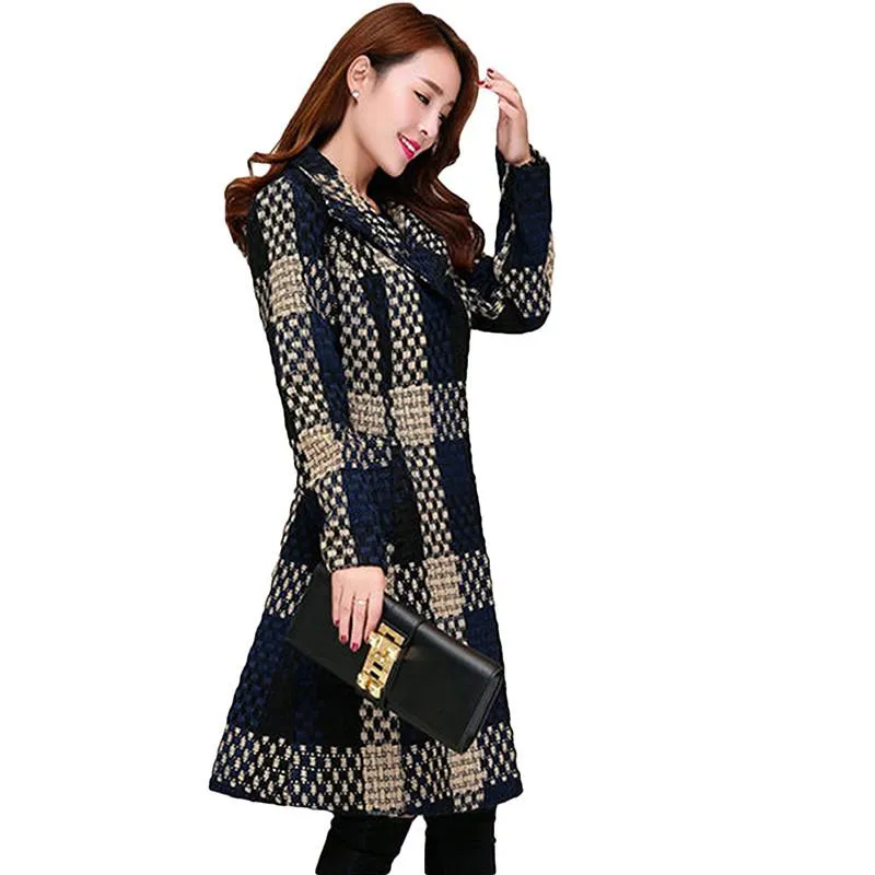 Women New Autumn Winter Tweed Wool Blends Warm Long Coat Female Slim Lapel  Overcoat Casual Outwear