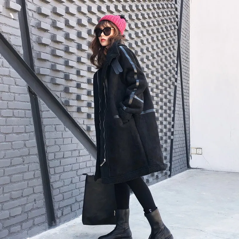 Women's Winter Warm Faux Sheepskin Long Coat With Faux Fur