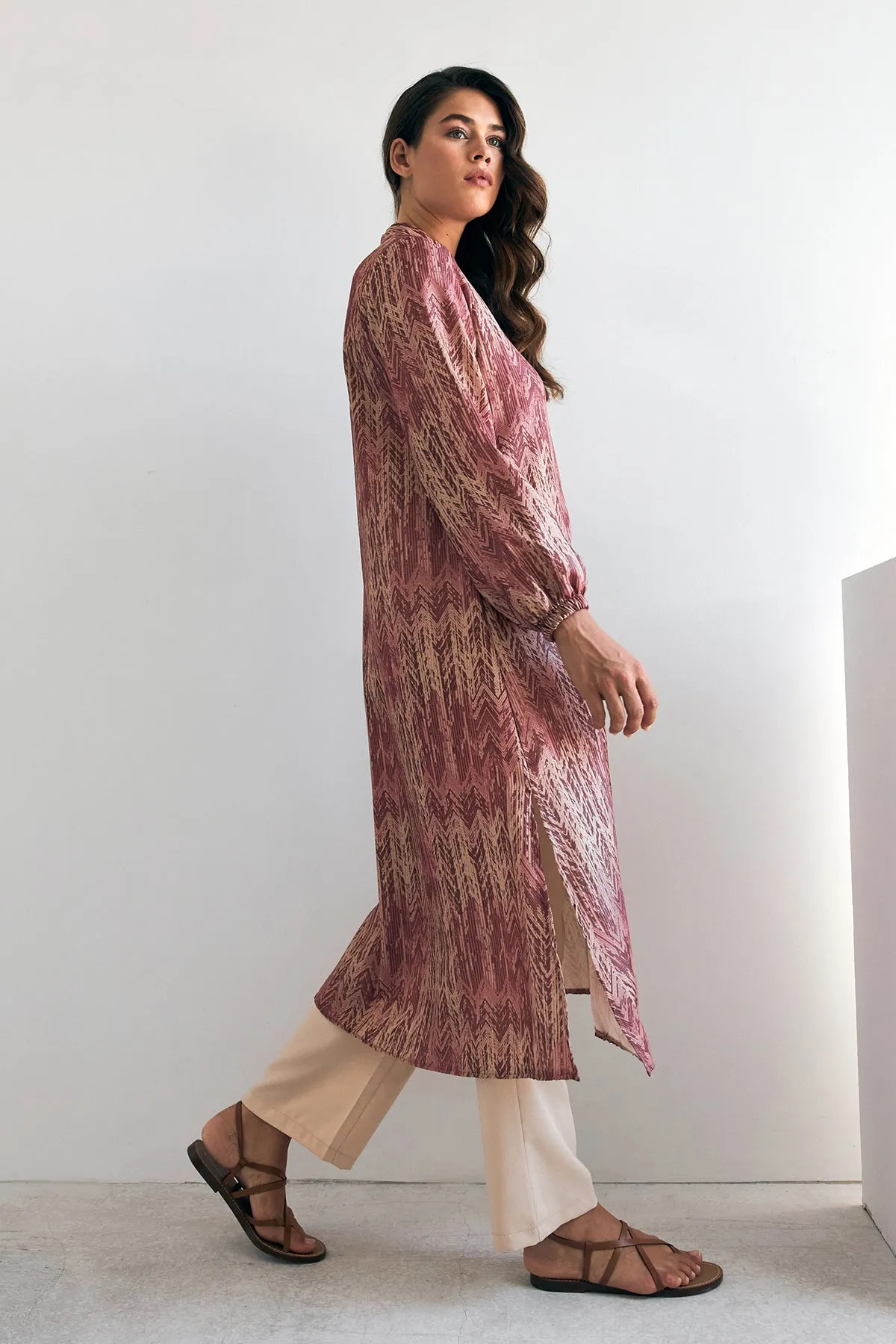 ZRF Women Patterned Long Tunic Pants Suit - Rose Pink - Brescia