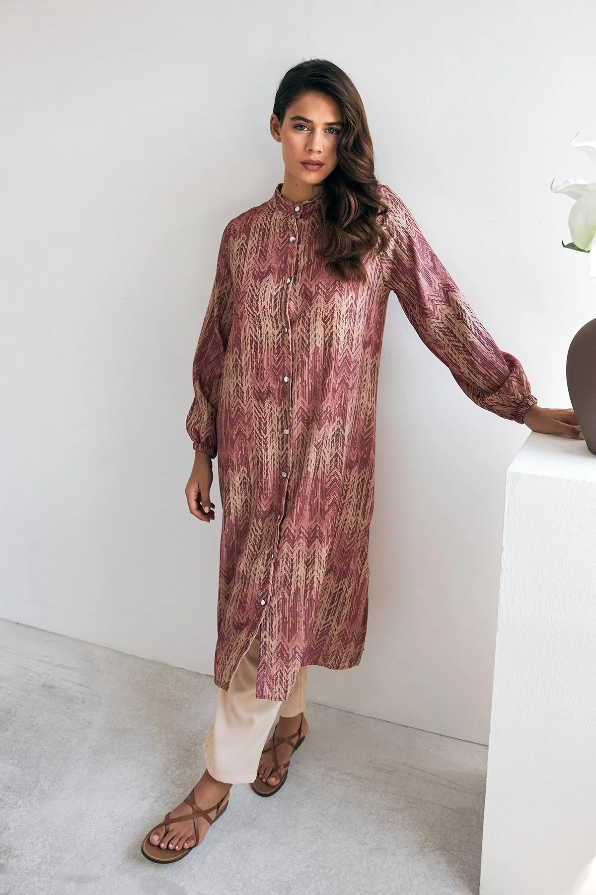 ZRF Women Patterned Long Tunic Pants Suit - Rose Pink - Brescia
